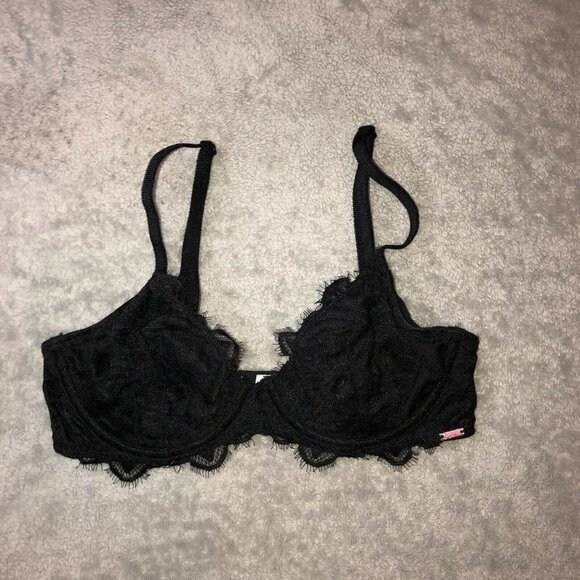PINK Victoria's Secret Black Unlined Lace Underwire Bra Size 32D - Picture 2 of 9